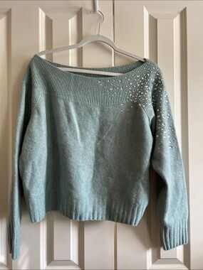 Nine West Mint Green Off-the-Shoulder Embellished Sweater